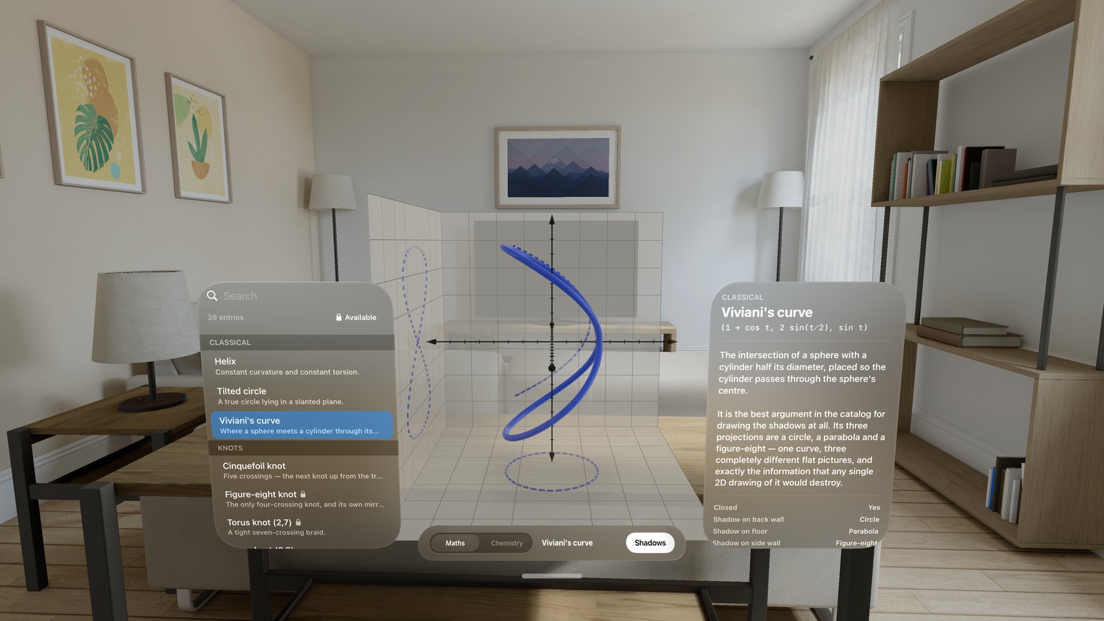 Viviani's curve and its three shadows on Apple Vision Pro